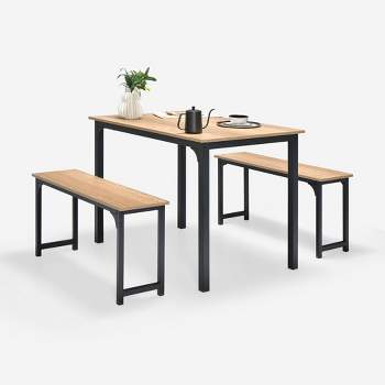 Costway Modern 3 PCS Dining Table Bench Set w/ Metal Frame & Wooden Tabletop
