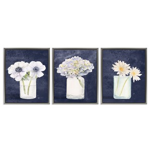 Stupell Industries Navy Blue Flower Bouquets 3pc Floating Frame Art Set - 1 of 4