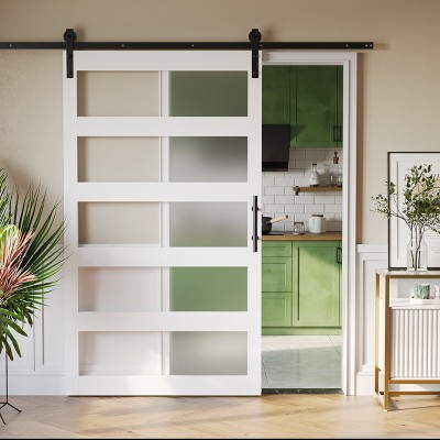 Bestier 84" Frosted Glass Sliding Barn Door with Hardware Kit, Farmhouse Interior Sliding Door with Handle and Lock