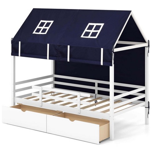 Costway Twin House Bed Solid Wood Playhouse Bed Low Loft Bed with Tent 2 Storage Drawers - image 1 of 4