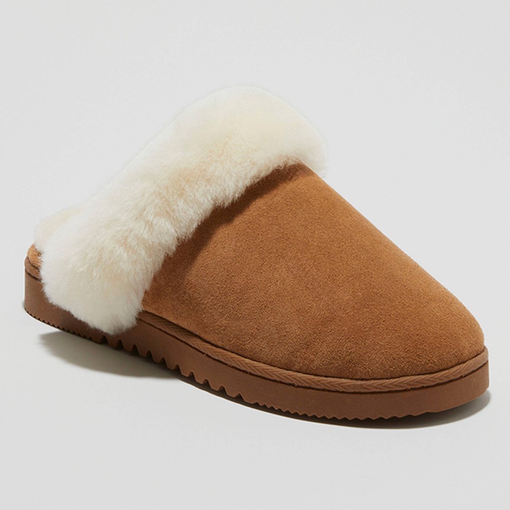 dluxe by dearfoams Women's Shearling Scuff Slippers - Chestnut 6: Indoor/Outdoor EVA Outsole, Leather Upper, Cushioned Insole