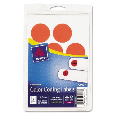 Avery Printable Removable Color-Coding Labels 1 1/4" dia Neon Red 400/Pack 05497