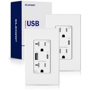 ELEGRP 30W USB Outlets Receptacles, 20 Amp Outlet with USB C and USB A Ports for Support Fast Charge Protocols,w/Wall Plate, UL Listed,White,2 Pack - 1 of 1