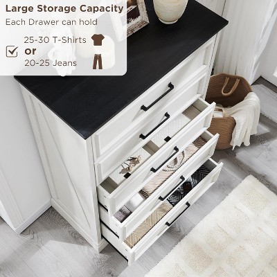 46" White and Black Farmhouse Wood 5-Drawer Dresser