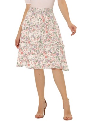 Allegra K Women's Floral Print Smocked Elastic Waist Midi Flowy Tiered Ruffle Skirt