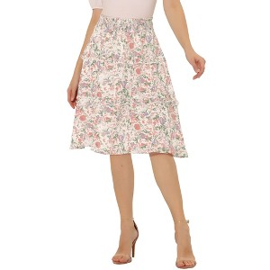Allegra K Women's Floral Print Smocked Elastic Waist Midi Flowy Tiered Ruffle Skirt - 1 of 4