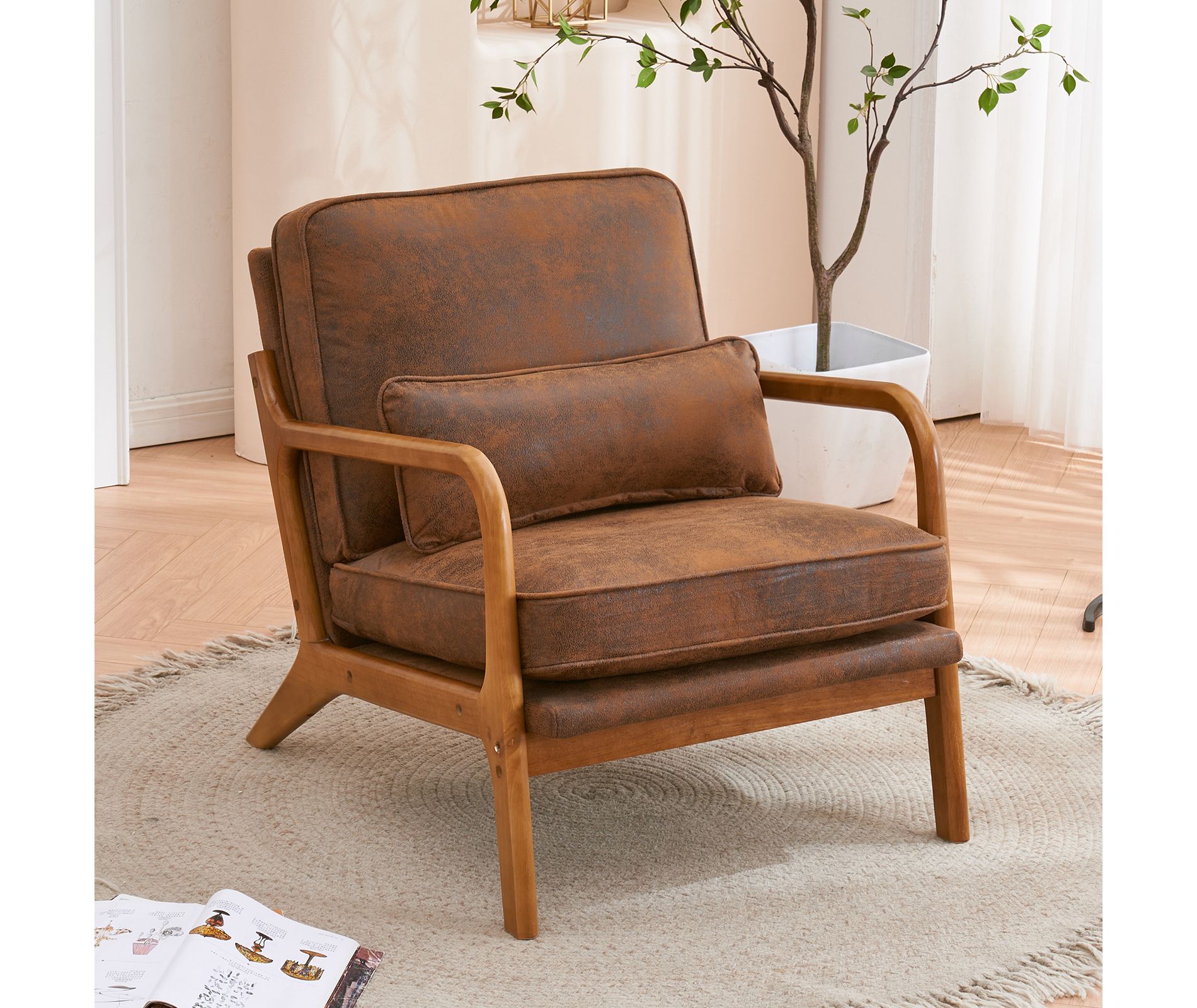 KTMBDW Mid-Century Accent Chair Modern Retro Leisure Chair with Oak Frame Upholstered Single Sofa Armchair for Living Room, Bedroom, Orange