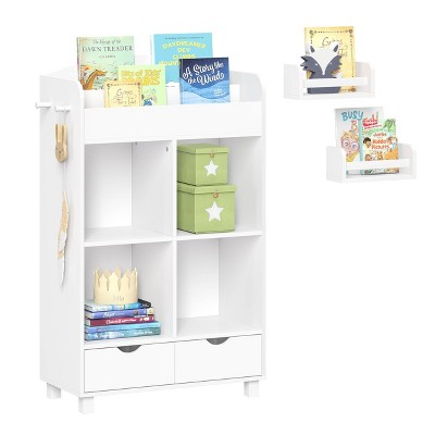 RiverRidge Kids' Book Nook Cubby Toy and Art Storage Cabinet with Bookshelf, Drawers, and Hooks White with 2 10" Floating Bookshelves