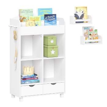 MallBest 4-Tier Kids' Toy Storage Organizer Shelf - 100% Solid Wood,Children's Storage Cabinet with 9 Plastic Bins and and 3 Storage Ports (Grey)