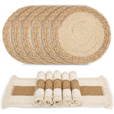 Handmade Boho Placemats Set of 6 - Natural Cotton Burlap and Water Straw Woven Combination Table Mats