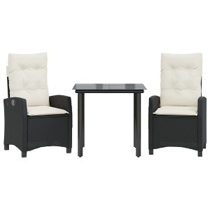 vidaXL 3 Piece Patio Dining Set - Black Poly Rattan, Cushions, Adjustable Back, Tempered Glass Table for Garden/Patio/Backyard - 1 of 4
