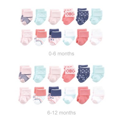 Luvable Friends Infant Girl Grow with Me Cotton Terry Socks, Coral Mint Aztec, 0-6 and 6-12 Months