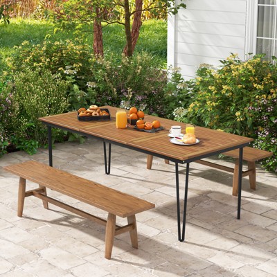 Natural Acacia Wood and Black Metal 8-Person Outdoor Dining Table