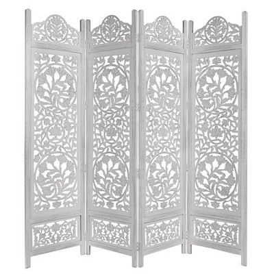 4 Panel Handcrafted Wooden Room Divider Screen Featuring Lotus Pattern Reversible White - The Urban Port