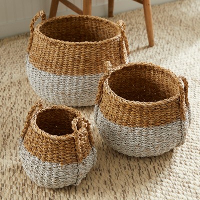 Natural and White Seagrass Round Storage Basket Set