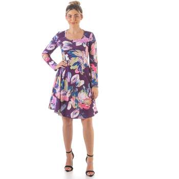 24seven Comfort Apparel Floral Purple Long Sleeve Knee Length Dress