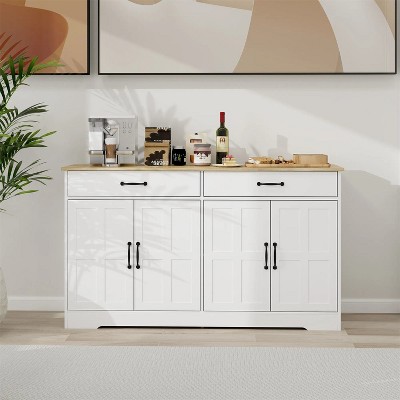 LunaLulinlk 55.91" Large Farmhouse Buffet Cabinet Storage Sideboard with 2 Drawers and 4 Doors for Dining Living Room Kitchen Cupboard-White