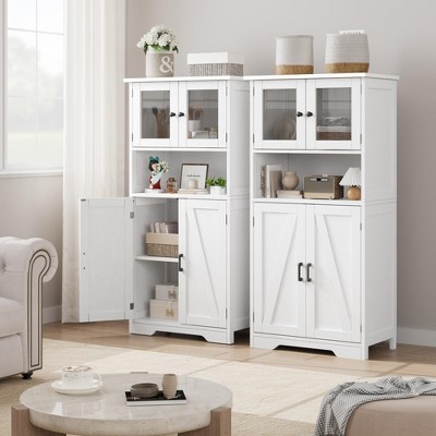 Bathroom Cabinet, Freestanding Floor Linen Storage Cabinet, Kitchen Pantry Storage Cabinet with Glass Doors & Adjustable