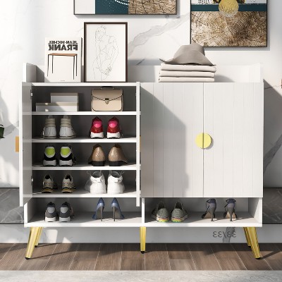 TIRAMISUBEST White Wood Shoe Cabinet with Doors & 11 Adjustable Shelves - Entryway Storage Organizer for Hallway, Living Room