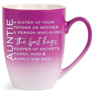 Auntie: Sister Of Your Far Or Mor, Gives Best Hugs Two Toned Matte Pink White 12 ounce Ceramic Stoneware Coffee Cup Mug