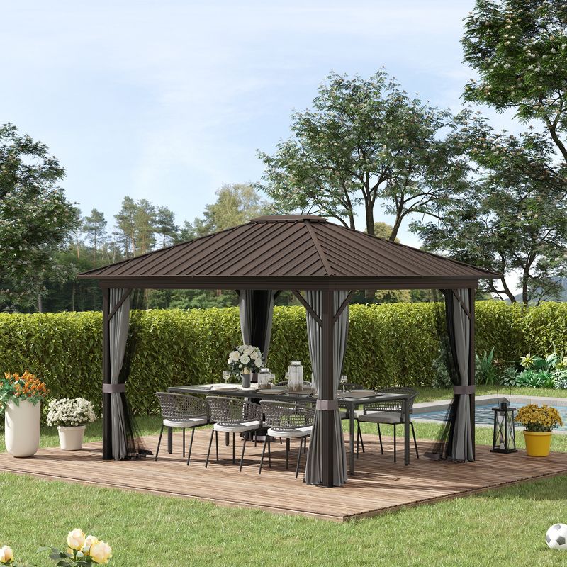 Outsunny 11.9" x 9.8" Hardtop Gazebo with Curtains and Netting, Permanent Pavilion Metal Roof Gazebo Canopy with Aluminum Frame and Top Hook, Gray, 3 of 7