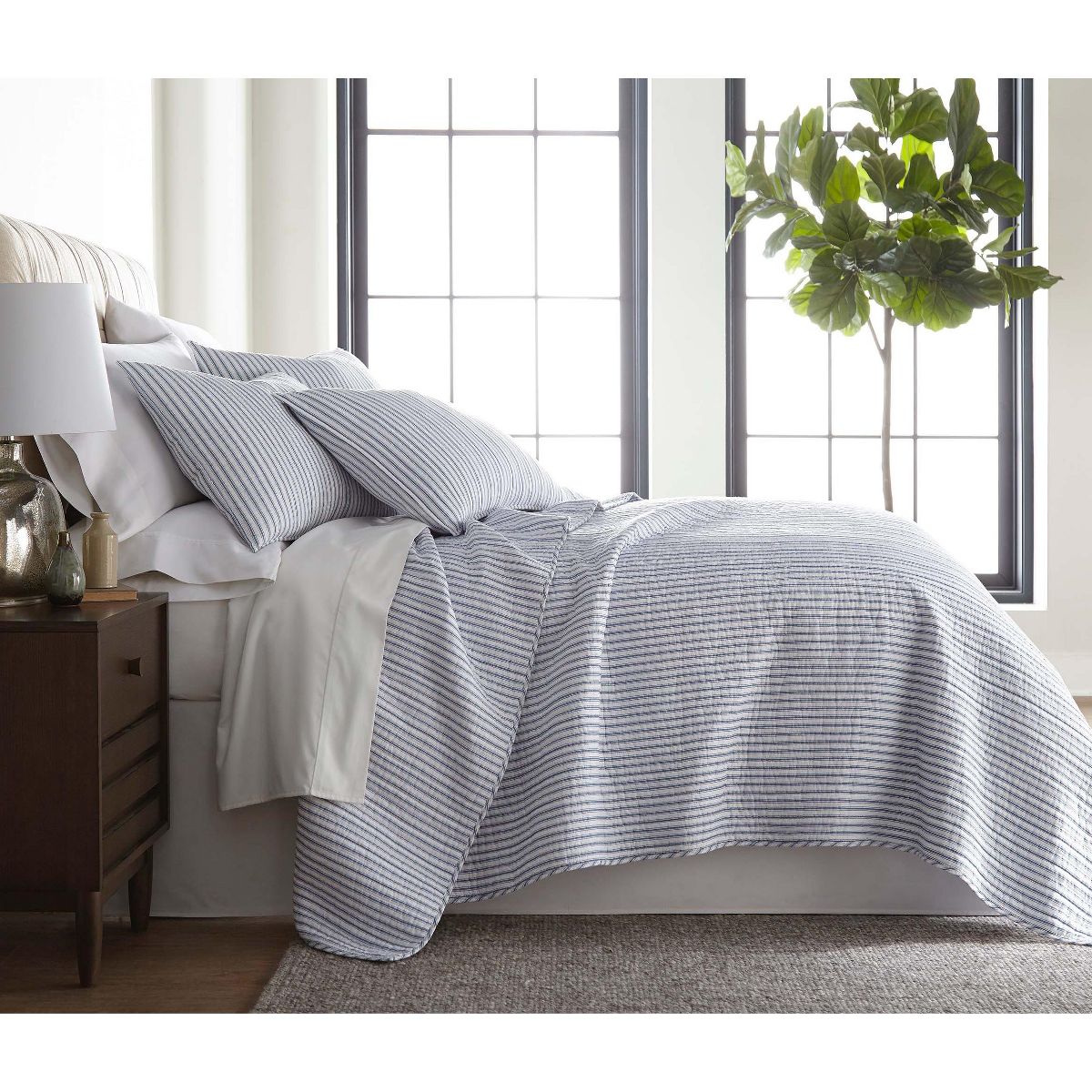 Tobago Stripe Blue Quilt Set - One King/Cal King Quilt and Two King Shams - Levtex Home