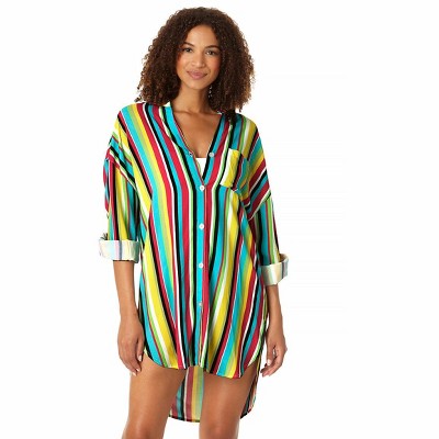 Anne Cole - Women's Lawn Chair Stripe Button Down Shirt Swimsuit Cover ...