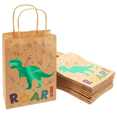 Blue Panda 24 Pack Dinosaur Party Bags with Handles, Green Foil T-Rex for Kids Birthday, Dino Themed Baby Shower Party Favor (8.6 x 6.3 X 3.2 In)