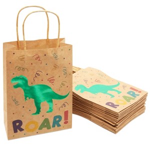 Blue Panda 24 Pack Dinosaur Party Bags with Handles, Green Foil T-Rex for Kids Birthday, Dino Themed Baby Shower Party Favor (8.6 x 6.3 X 3.2 In) - 1 of 4