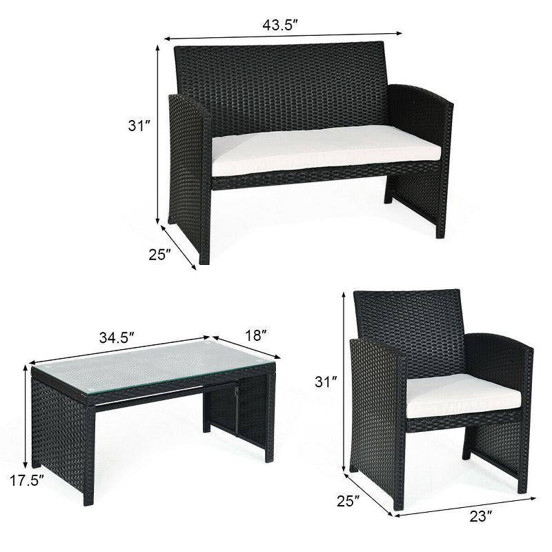 Costway 4PCS Patio Rattan Furniture Conversation Set Cushioned Sofa Coffee Table Black, 4 of 11