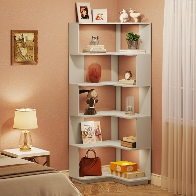 Silver Gray 65" Particle Board 6-Tier Corner Bookshelf with Anti-Drop Panel