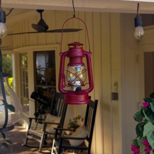 Indoor/Outdoor Metal/Glass Hurricane Lantern with Dimmable LED Lights Red - Alpine Corporation: Battery-Powered, All-Weather Design - 1 of 4