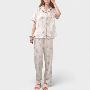 Anna-Kaci Lounge Women's Cartoon Bunny Print Pajama Set with Short Sleeve Button-Up Top and Wide Leg Lounge Pants - 1 of 4