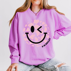 Simply Sage Market S.W.Smiley Cow Print Lightweight Garment Dyed Sweatshirt - 1 of 4