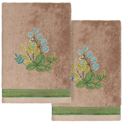 Linum Home Textiles Embroidered Guest Hand Towel, Set of 2,White/Gold