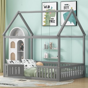 Full Wood House Bed, Fence, Door - Gray - 1 of 3