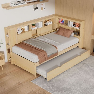 NicBex Wood Twin Size Daybed with Storage Shelves,USB Ports and Trundle for Bedroom,Living Room,Apartment