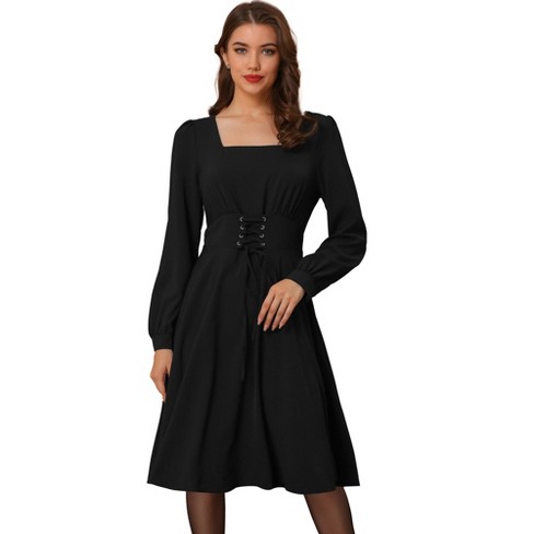 Allegra K Women's Square Neck Lace Up Lantern Long Sleeve Midi Elegant  A-line Dress Black X-small : Target