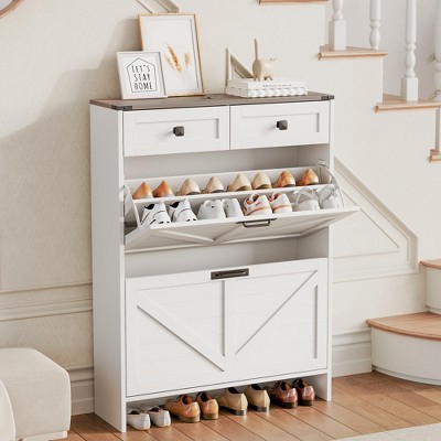 White Freestanding Shoe Storage Cabinet, Wooden Shoe Organizer with 2 Flip Drawers and 2 Storage Drawers, Narrow Shoe Rack Cabinets