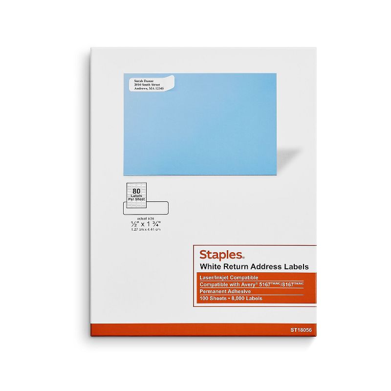 Staples Laser/Inkjet Shipping Labels 0.5"W x 1.75"L White 80 Labels/Sheet 18056/SIWO090, 1 of 6