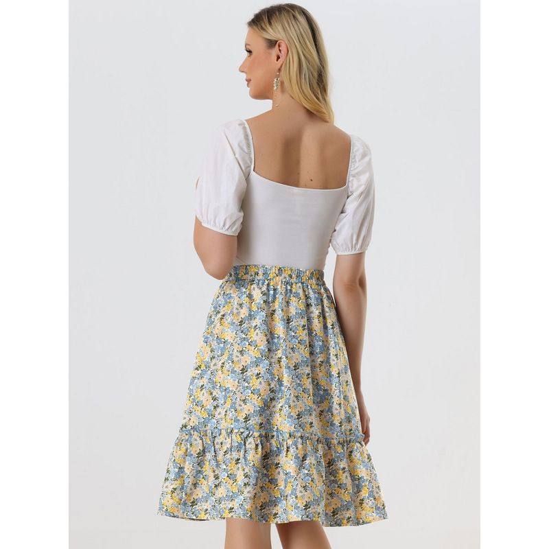 Allegra K Women's Ruffle Hem Elastic Waist Flowy A-Line Swing Floral Midi Skirt, 4 of 6