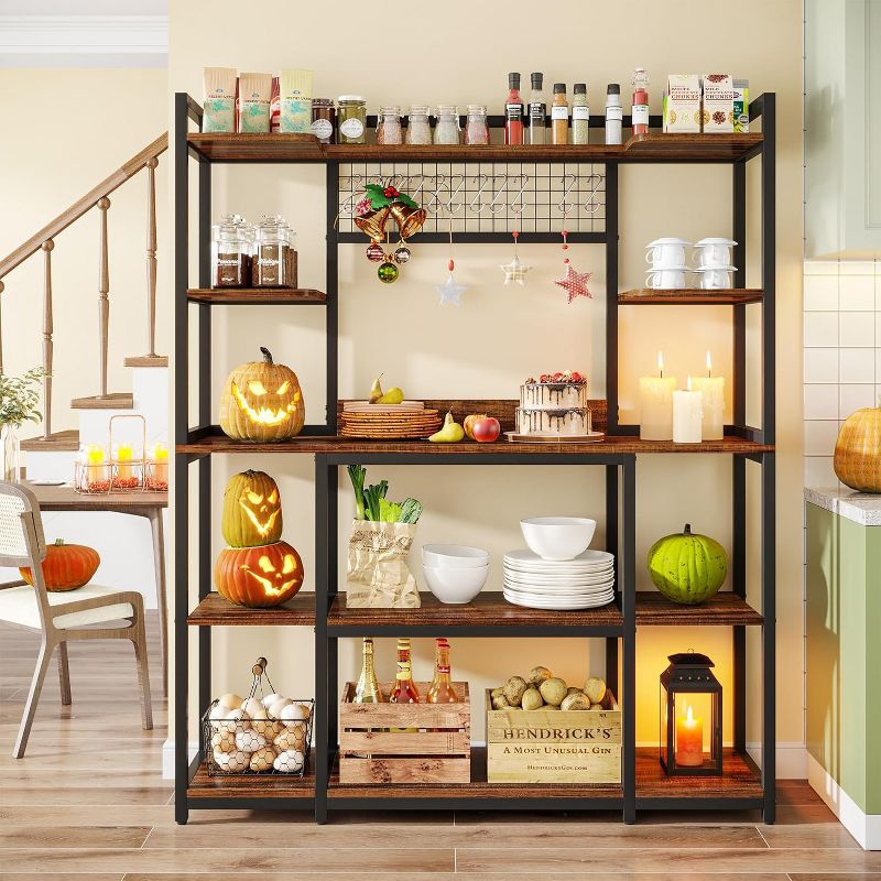 Tribesigns 55" Kitchen Hutch Cabinet Microwave Stand with 11 Hooks, 5-tier Baker’s Rack with Storage Shelf, 4 of 11