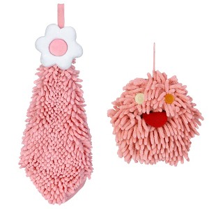 REGALWOVEN 2 Packs Soft Absorbent Flower Pattern Chenille Hand Towel with Loop 6" x 15"/7" x 7" - 1 of 4