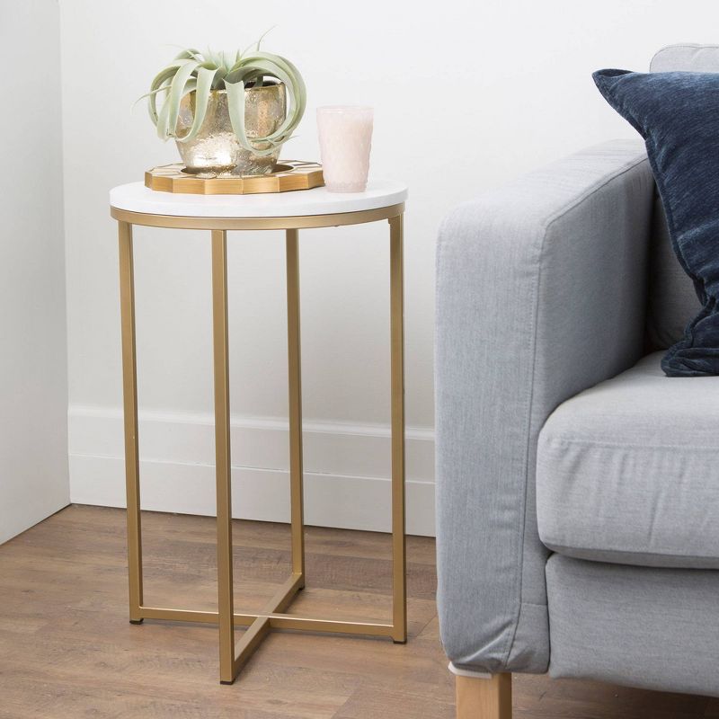 Set of 2 Vivian Glam X Leg Round Side Tables Faux White Marble/Gold - Saracina Home, 3 of 7