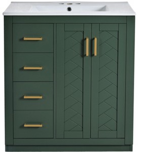 Vynxaria 30" Dark Green Freestanding Bathroom Storage Cabinet with Ceramic Sink and Soft-Closing Doors - 1 of 4