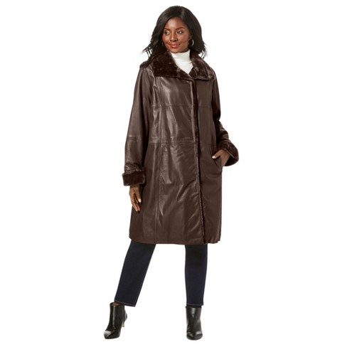 Jessica London Women's Plus Size Fur-trim Leather Swing Coat, 32 W -  Chocolate : Target