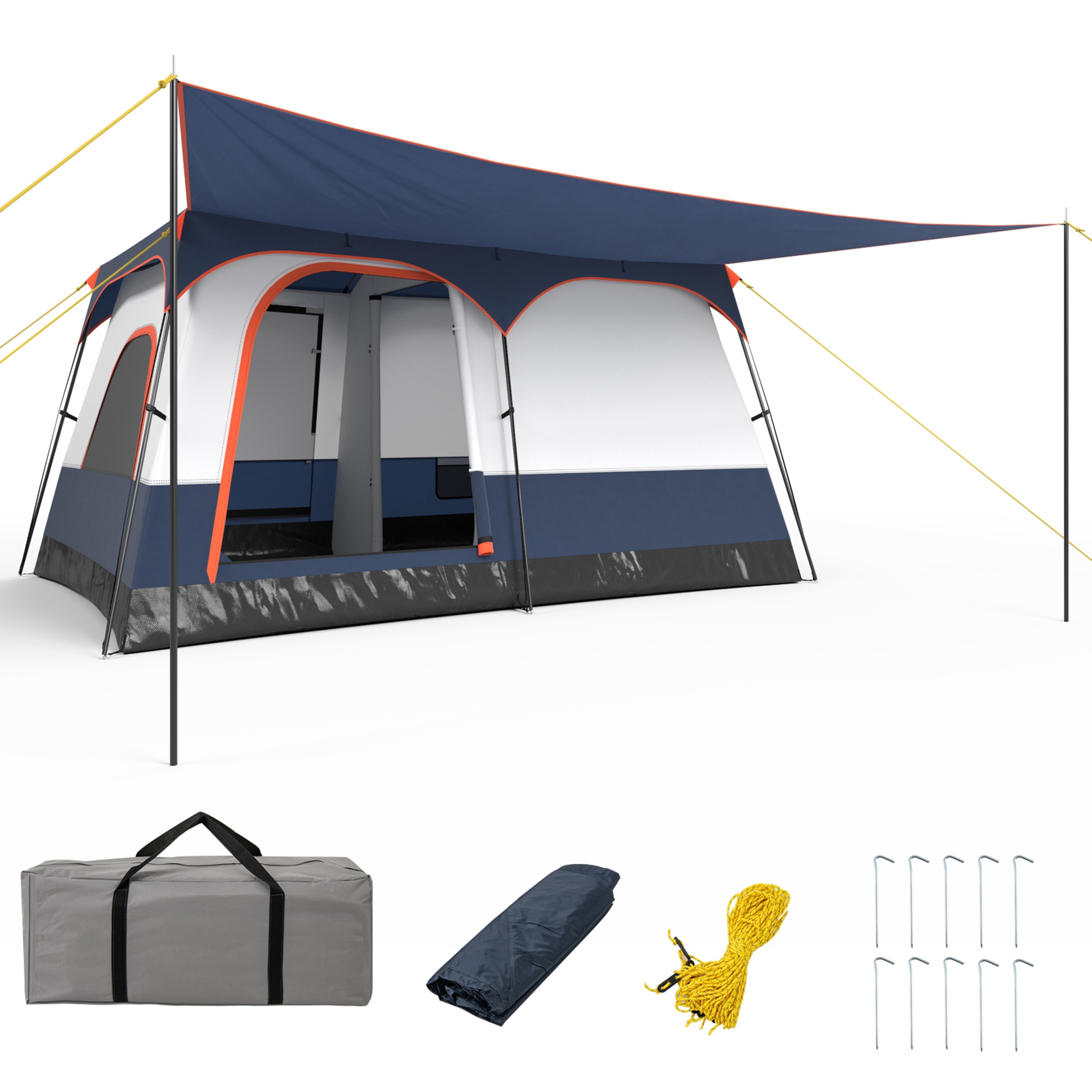 Costway 8-Person Camping Tent with Porch Large Family Cabin Tent w/ 2 Rooms 2 Doors Blue