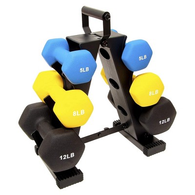 BalanceFrom Fitness 3 Pair Neoprene Coated Iron Hexagon Shaped Dumbbell Weight Set with 5, 8, and 12 Pound Hand Weights, Stand, and Assembly Tool