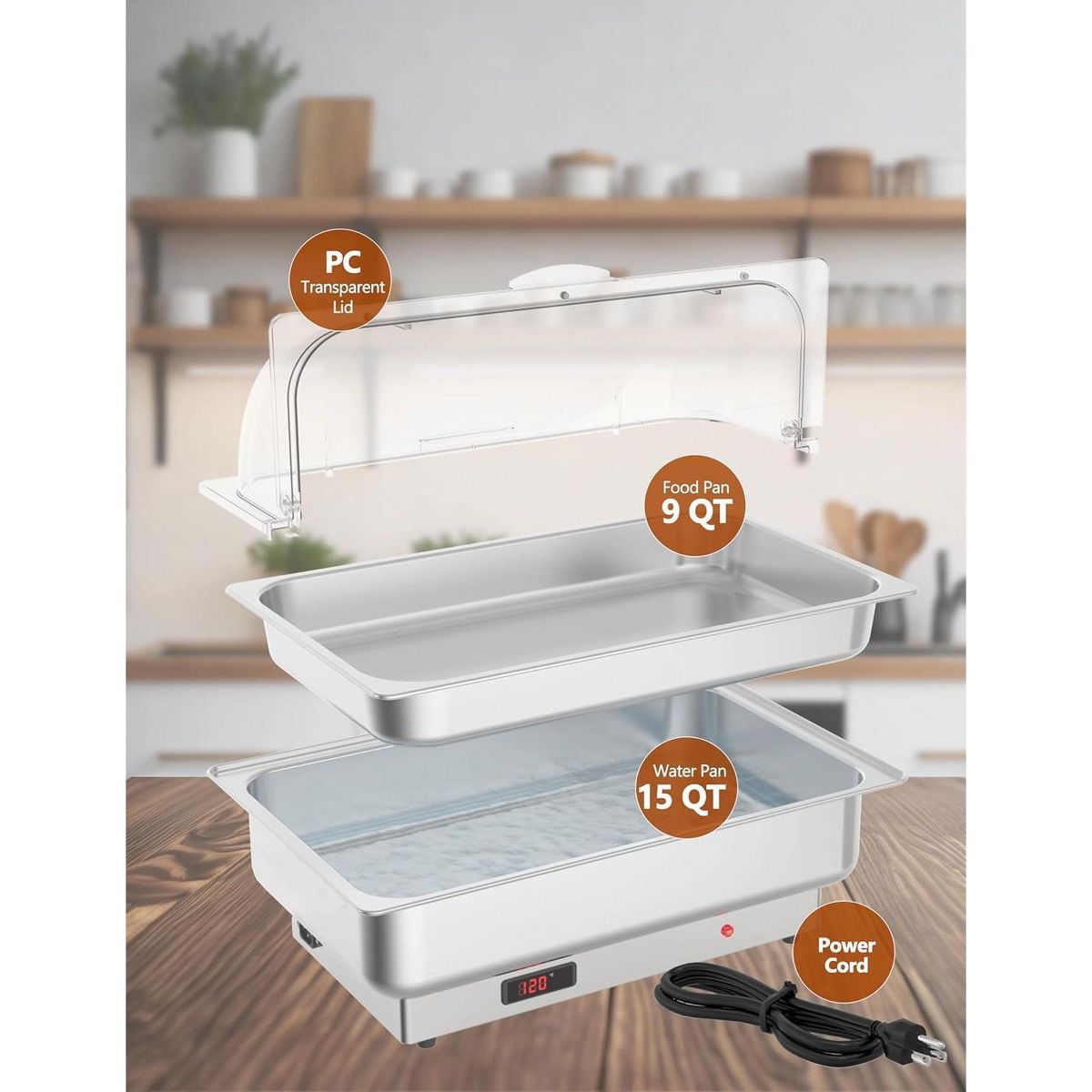 9QT Stainless Steel Electric Chafing Dish Buffet Server, Roll Top Clear Lid Adjustable Temp Control Food Warmer for Party Wedding Catering - thumbnail 2