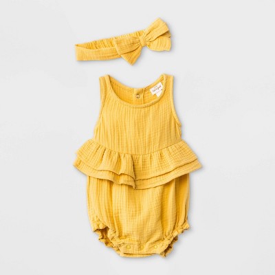 Baby Girls' Gauze Elevated Romper with Headband - Cat & Jack™ Mustard 0-3M